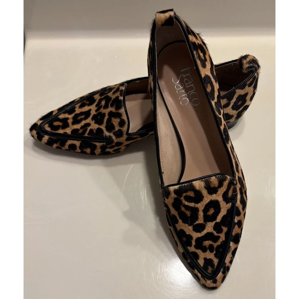 Franco Sarto Leopard Print Calf Hair Flats Loafers Womens 8M Pointed Toe Leather